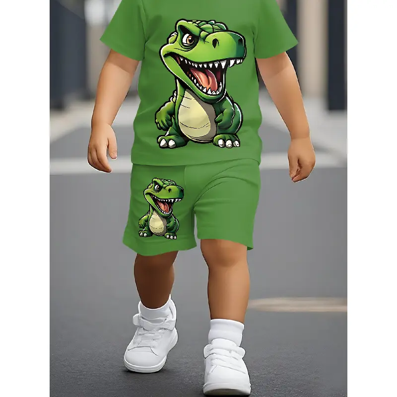 Boys' Summer Short-Sleeved Set, Cartoon Print Tyrannosaurus Rex Design, Casual Fits, Comfortable Outdoor Kids' Clothing Set