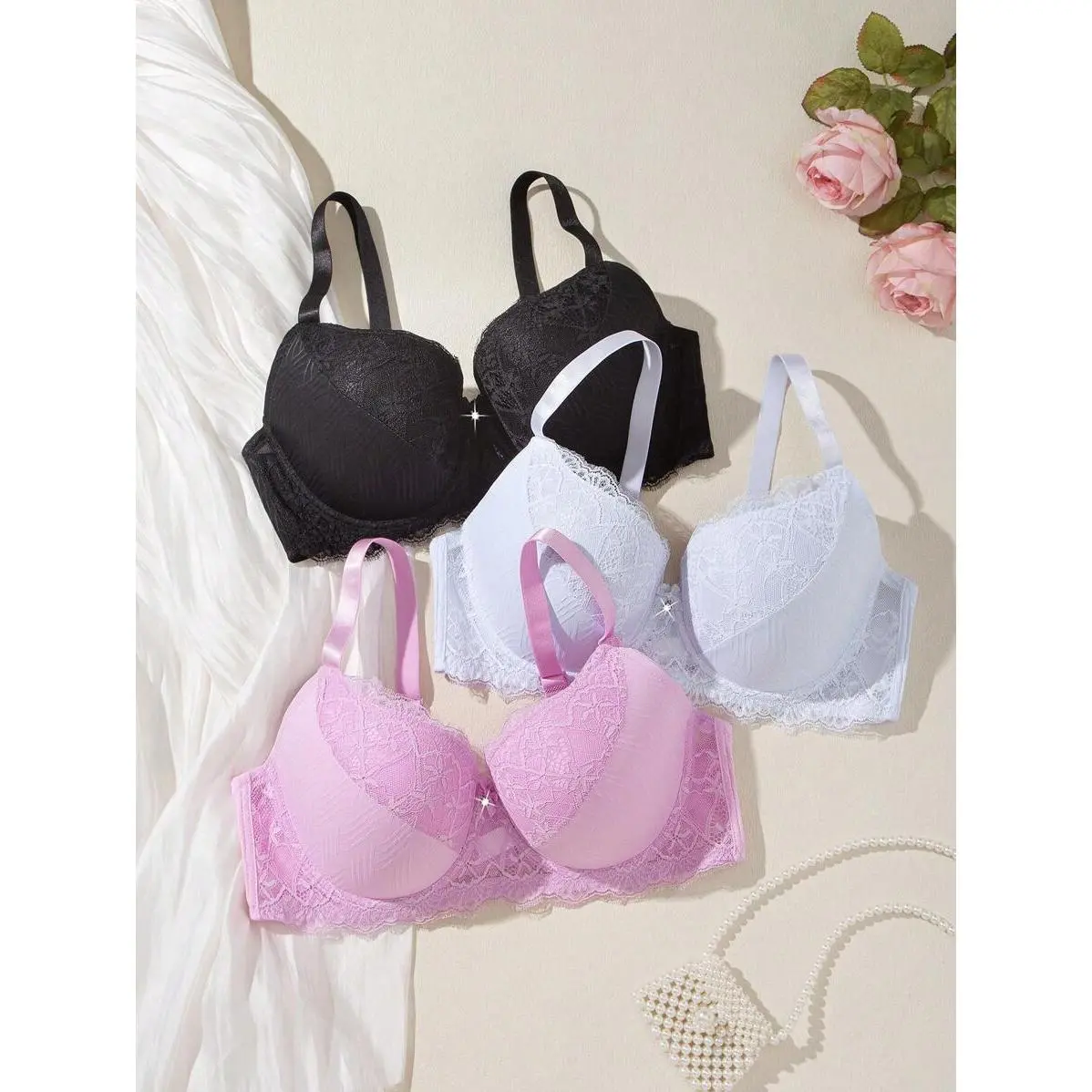 Women's Plus Size Fantasy Lingerie Set, 3 Piece Elegant Contrast Lace Push Up Bra with Underwire and Adjustable Straps, Lace Bra, Bras For Women