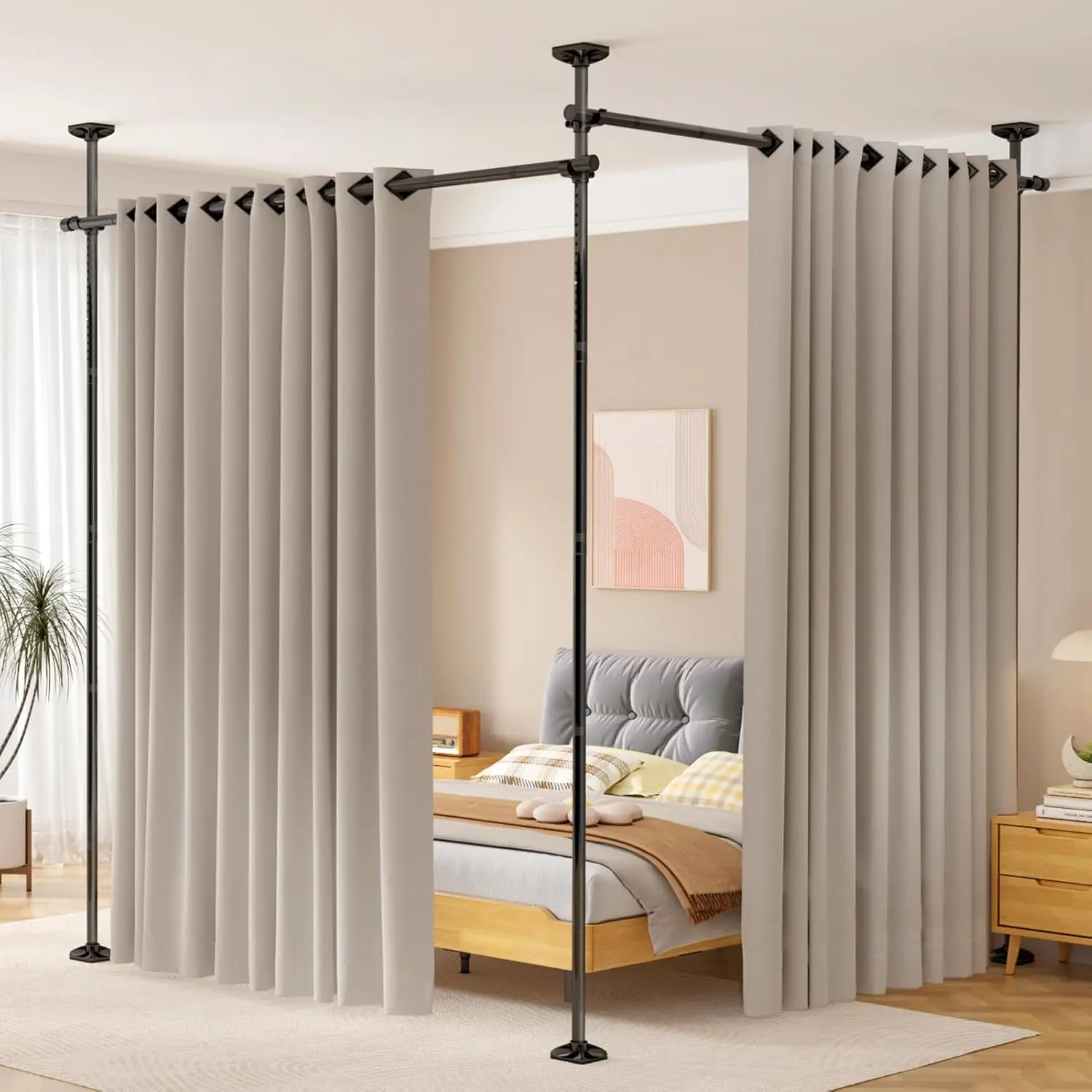 Room Divider for Separation 28-114in(W) Privacy Wall Divider, Black| No Drilling Curtain Rod 4-10ft(H) Adjustable, Floor to Ceiling Room Separator Freestanding Tension Rod for Space Partition