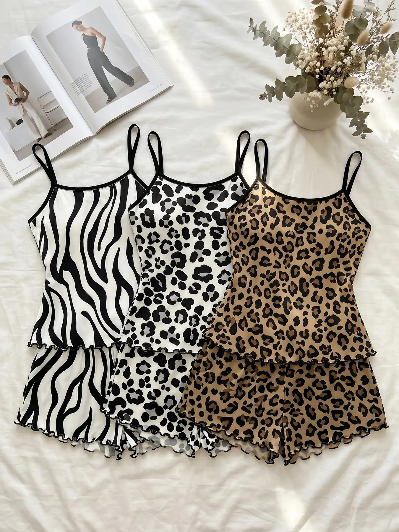 Women's 3 Pack Cami Top Spaghetti Strap and Shorts Pajama Set, Spring Summer Wear, Sweet Edgy Leopard Zebra Print Ruffle Hem, Sweet Wild Style, Unique Casual Sleepwear
