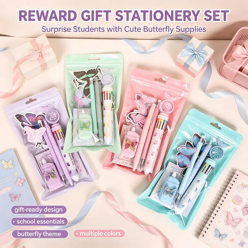7 Piece Butterfly Pattern Stationery Set Pens Correction Tape Sticky Notes Stickers for Students School Supplies Reward Gift