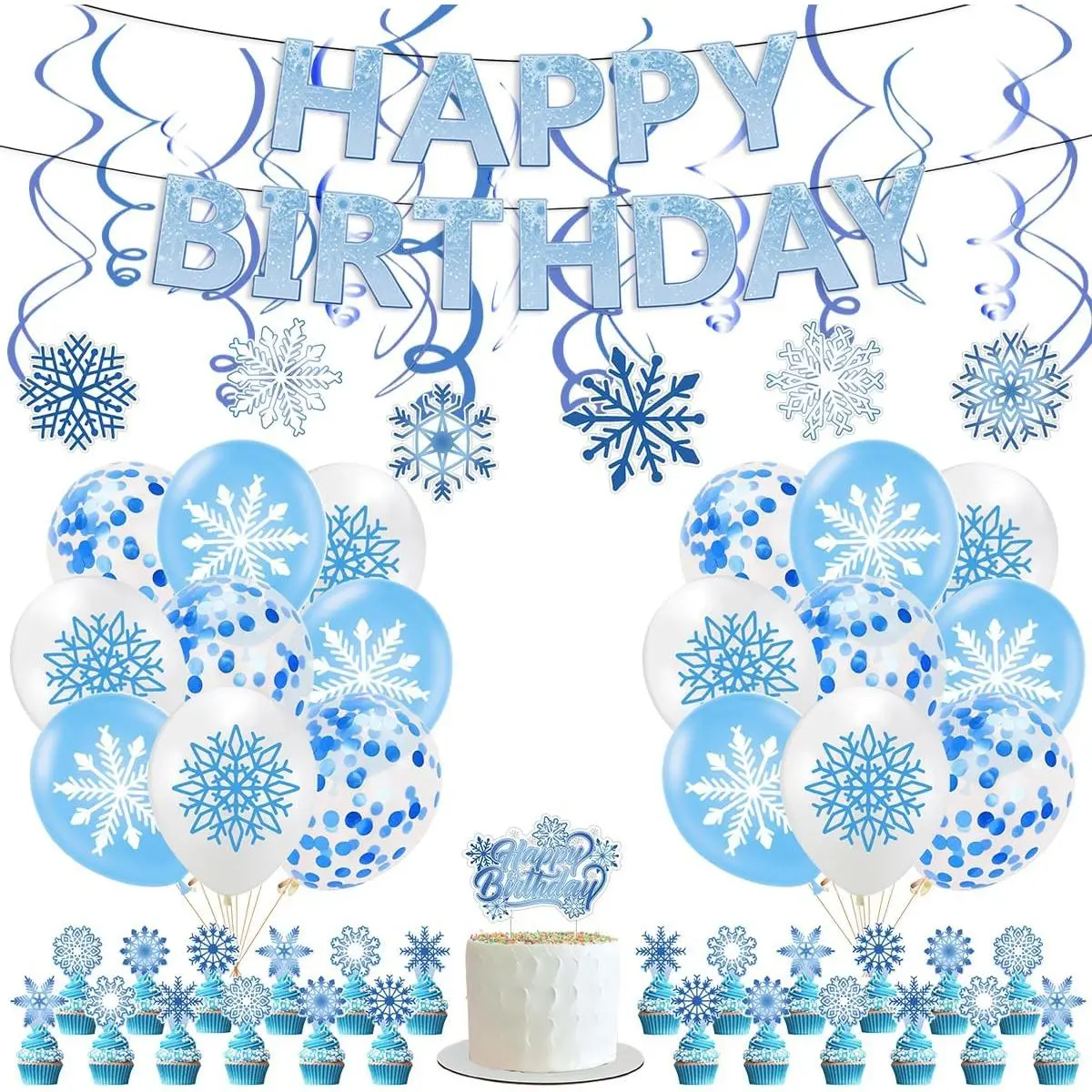 Frozen Snowflake Birthday Decorations Set, Winter Wonderland Theme Banner, Balloons,  Spiral Cake Toppers for Frozen Party Decor