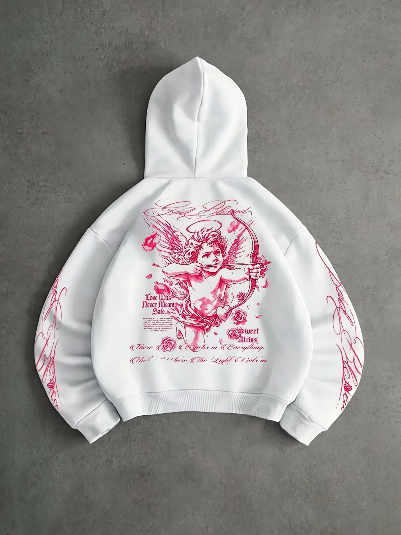Oversized Pink Cupid Graphic Hoodie, Y2K Streetwear Angel Letter Print Sleeve Pullover Sweatshirt for Men, Casual Top, Long Sleeves
