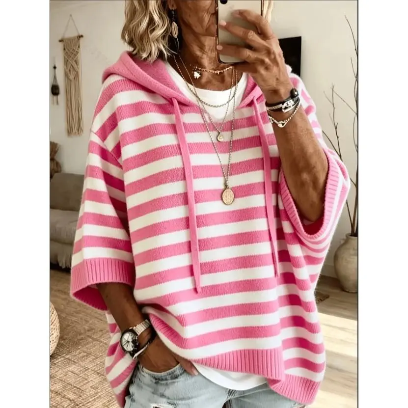 Women's Horizontal Stripe Hooded Sweater Oversized Loose Fit Pullover with Hoodies for Spring Autumn Travel Boho Chic