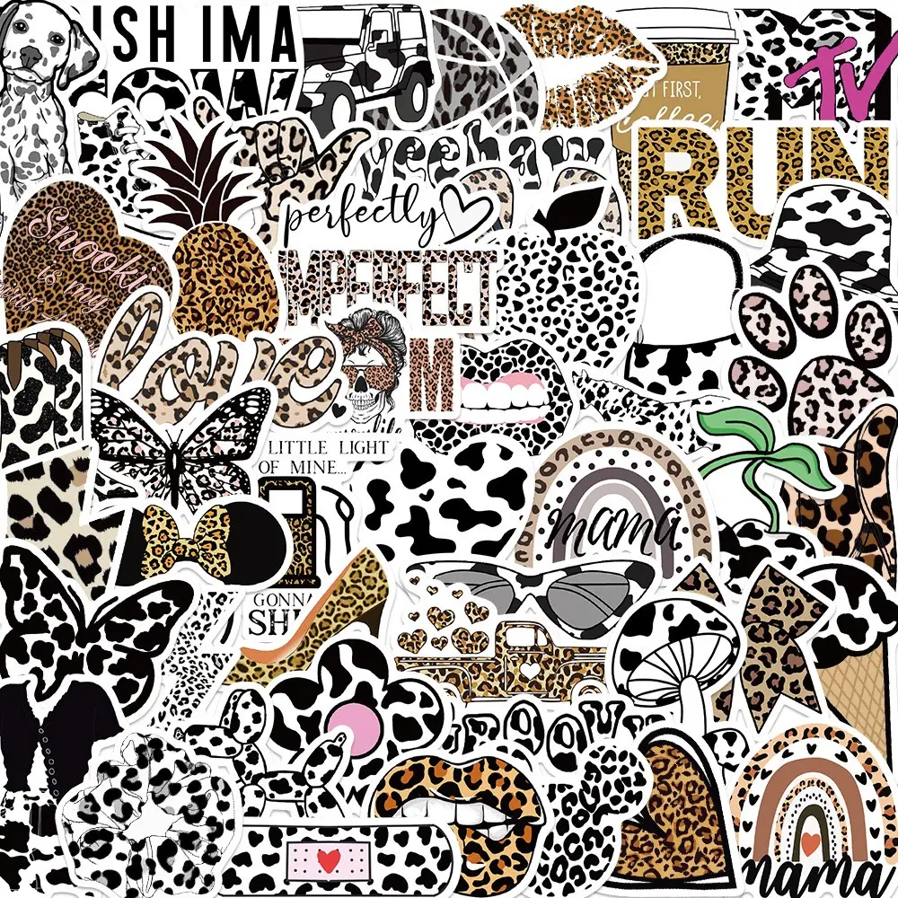 50 Sheets Leopard Print Aesthetic Graffiti Stickers, Waterproof DIY Decorative Illustration Stickers for Guitar Luggage Journal