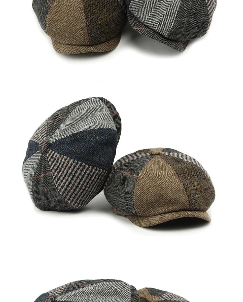 HT4612 Beret Cap Men Women Spring Autumn Wool Beret Hat Patchwork Plaid Ivy Octagonal Flat Cap Male Female Artist Painter Berets
