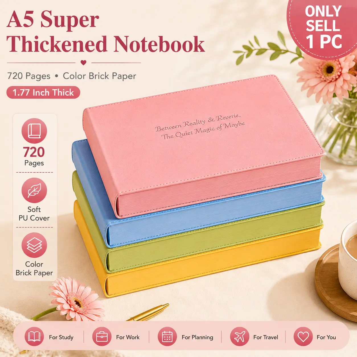 1 PC A5 Super Thickened Dopamine Notebook, 1.77 Inch Thick 720 Page Color Brick Journal, Soft PU Leather Notebook with 80 GSM Bleed Resistant Paper for School, Office and Daily Writing Study Notebook