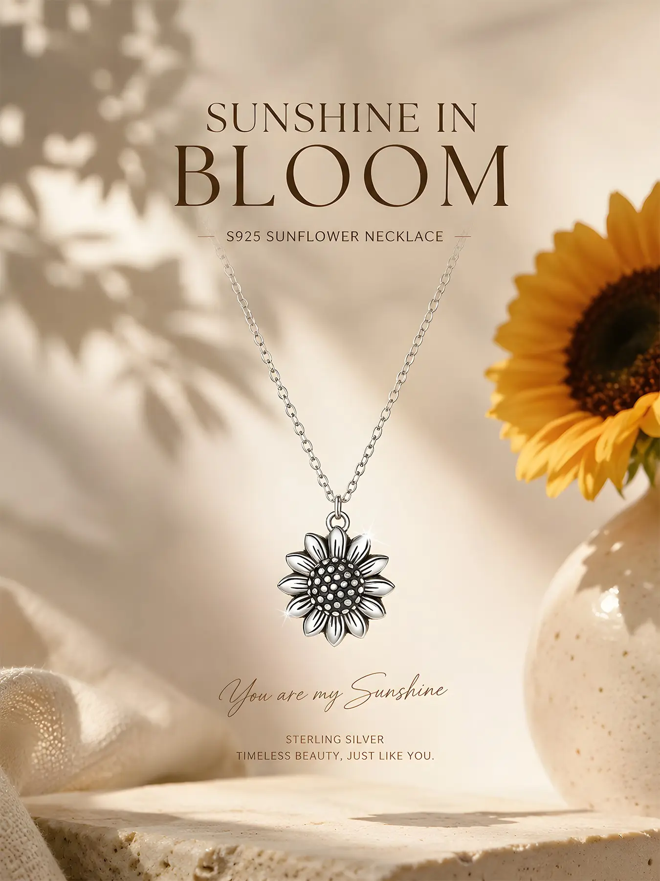 Women's S925 Sterling Silver Vintage Bohemian Sunflower Pendant Necklace, Chain Necklace, Hypoallergenic, Casual Fashion, Perfect Gift for Friends, Birthday, Valentine's Day, Dainty Boho Necklace