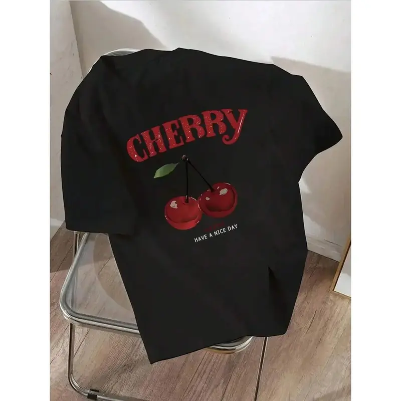 Cherry Pattern And Letter Printed T-Shirt, Round Neck Short Sleeve Casual Top, Suitable For Women Spring