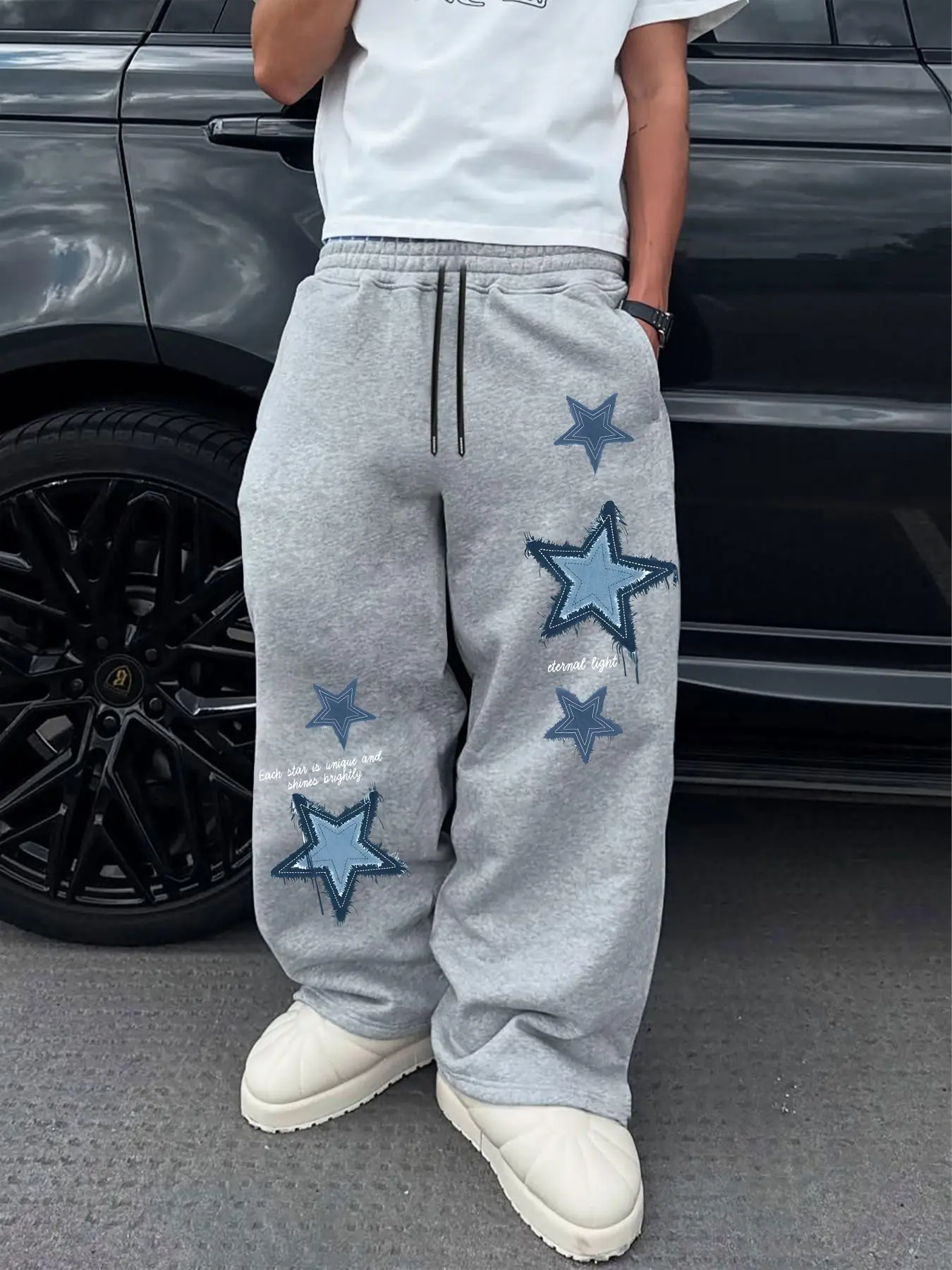 Men's Casual Long Pants, Star Patchwork Print, Comfortable Daily Wear, Suitable for All Seasons, Sporty and Leisure Style