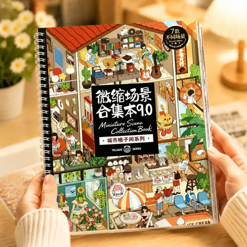 Telado Vol.9 3D DIY Sticker Book - Cubicle Theme Urban Miniatures, Includes Tweezers, 7 New Scene Stickers, Scrapbooking Craft Kit, Adult Creative Stress Relief DIY Giftready Item, Scene Sticker Book, 7 New Scenes