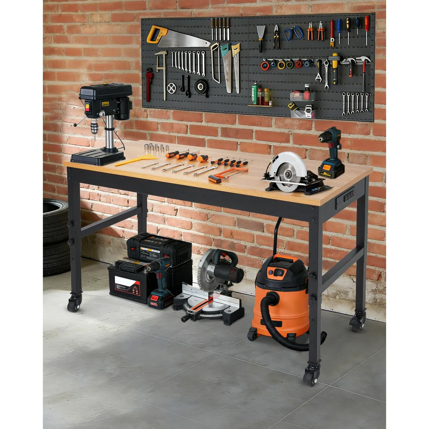 48 60 72 In Adjustable Workbench, Heavy Duty Work Bench with Built-in Power Outlets, 2500 LB Wood Top Work Table for Garage, Workshop, Repair Shop