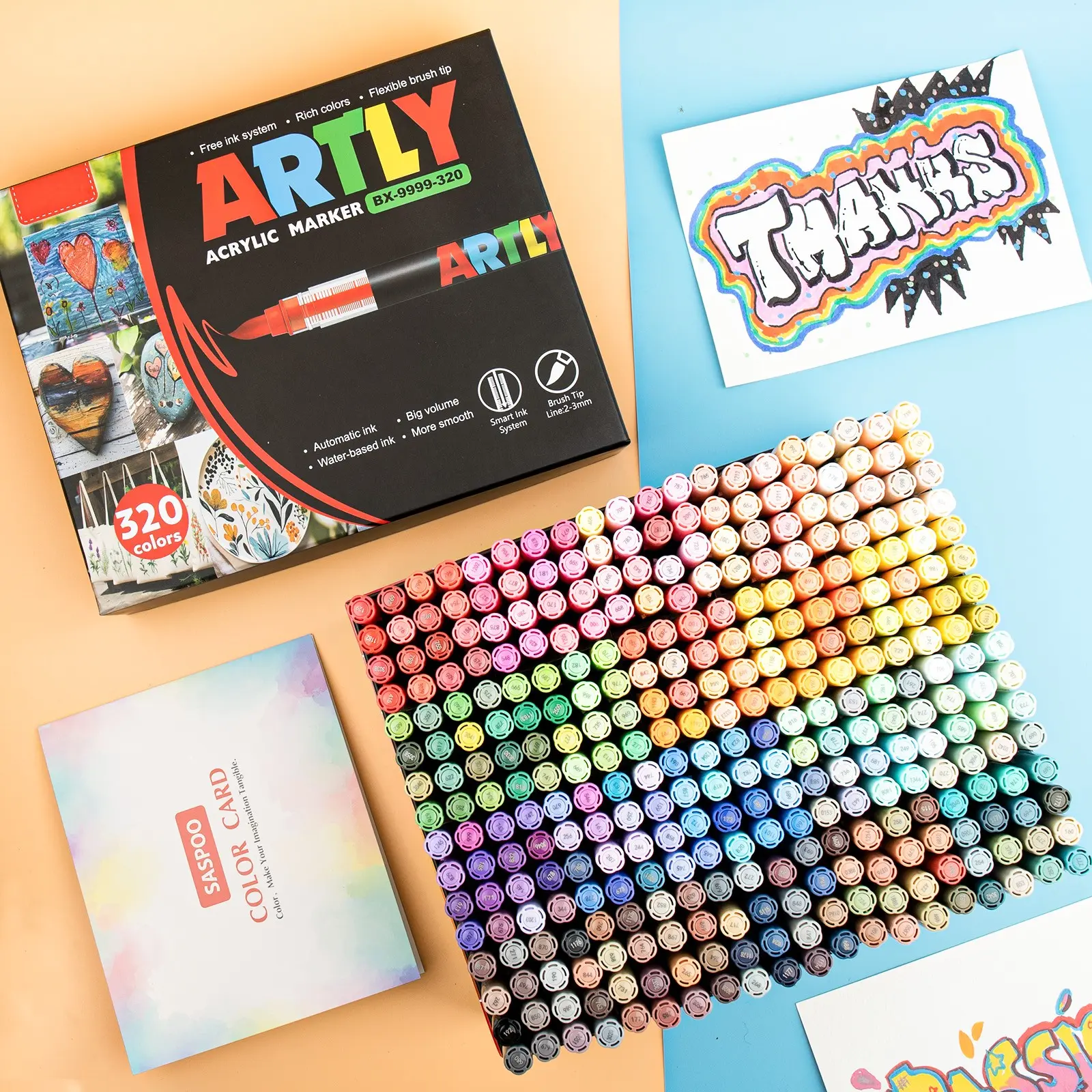 Artly 320 Color Acrylic Marker Pens, Soft Tip, Quick Dry, Non-Transfer, Vibrant Colors, Ideal for Kids, Students, Art, Sketching, Comics