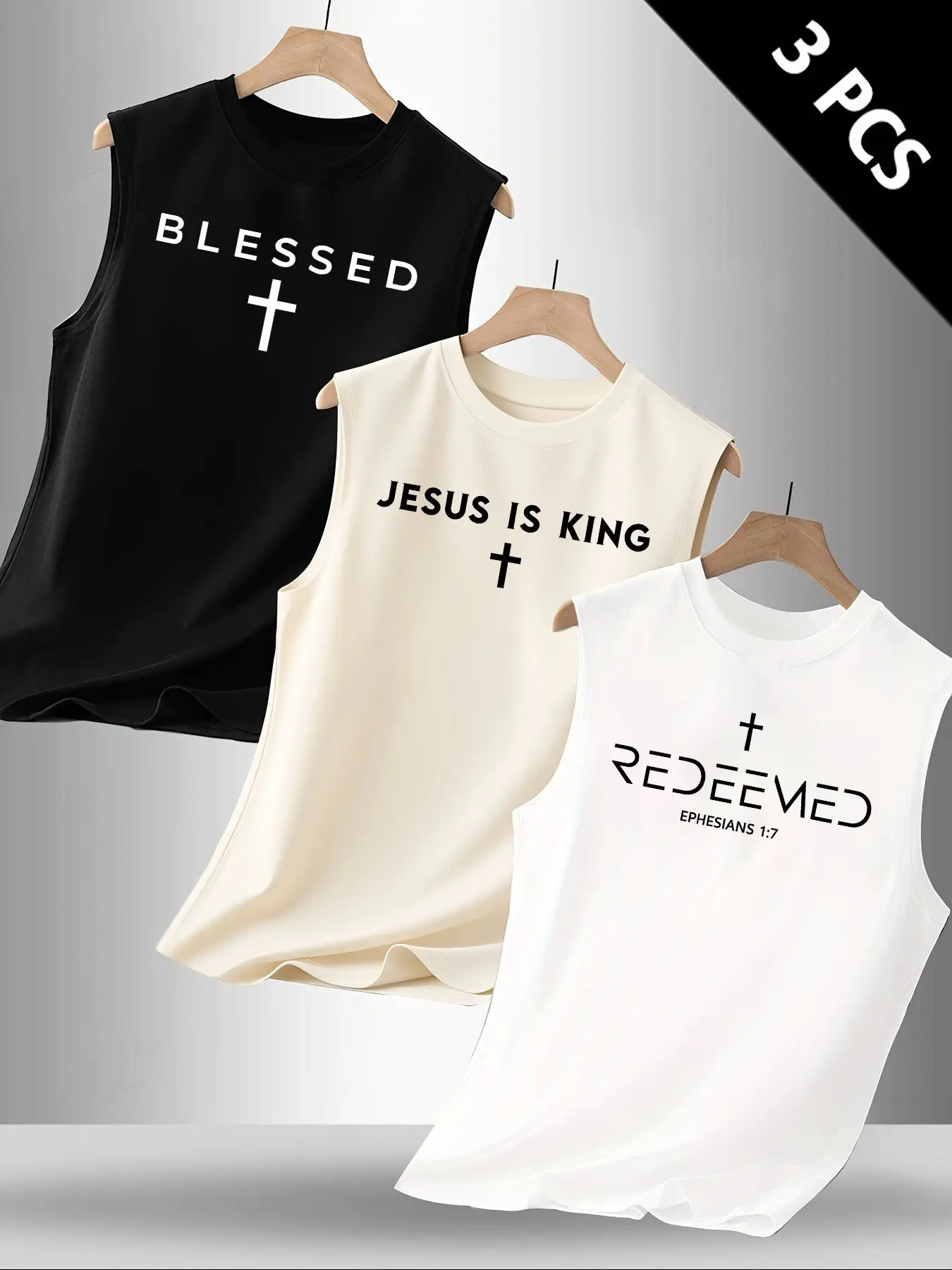 3 Pack Men Minimalist Christian Faith Sleeveless Tank Tops Blessed Jesus Is King Redeemed Cross Bible Verse Print Breathable Religious Casual Gym Training Streetwear Multipack Vests