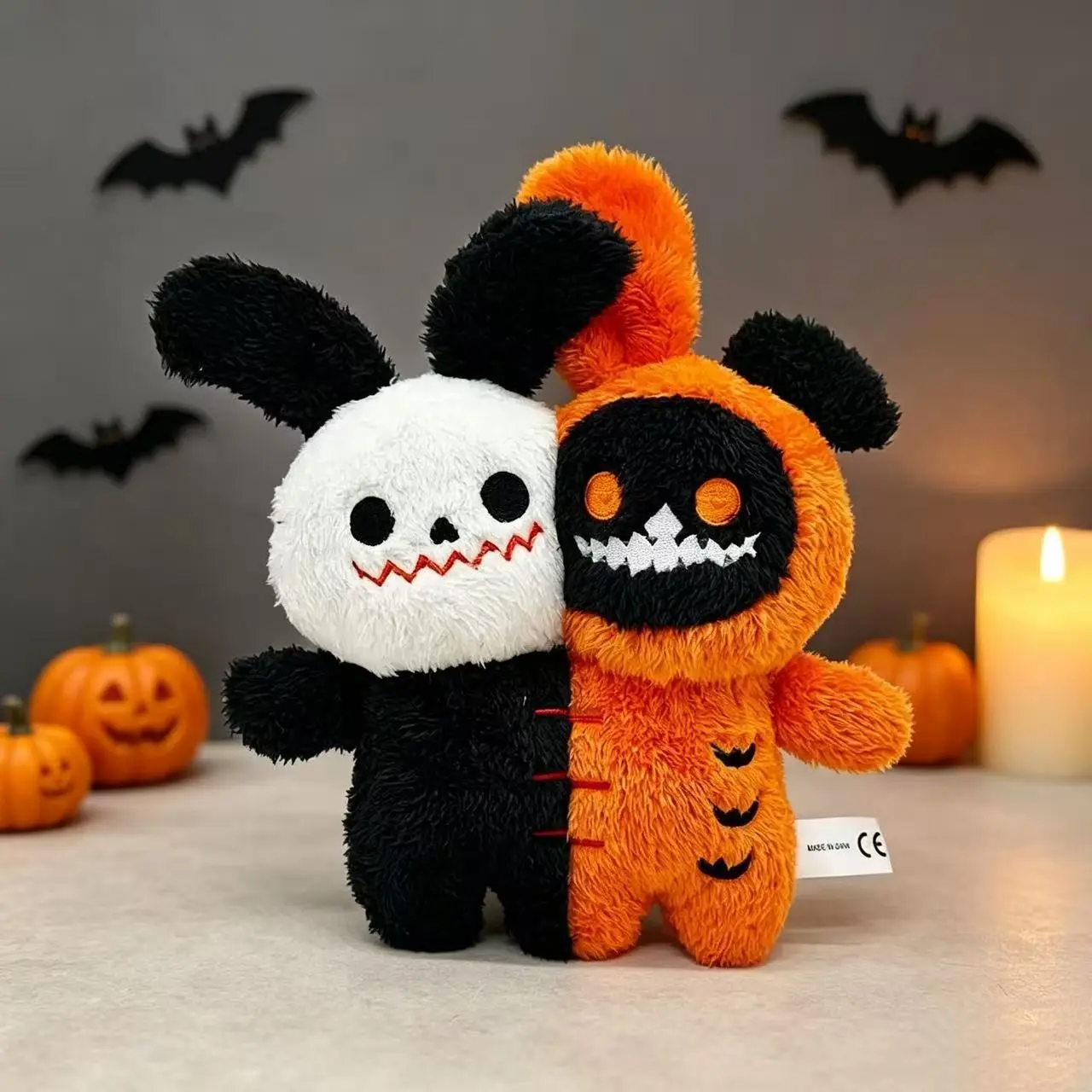 Dual-Face Stitched Bunny Plushie, Retro Gothic Rabbit Stuffed Toy, Spooky-Cute Tabletop Decoration, Halloween Gift