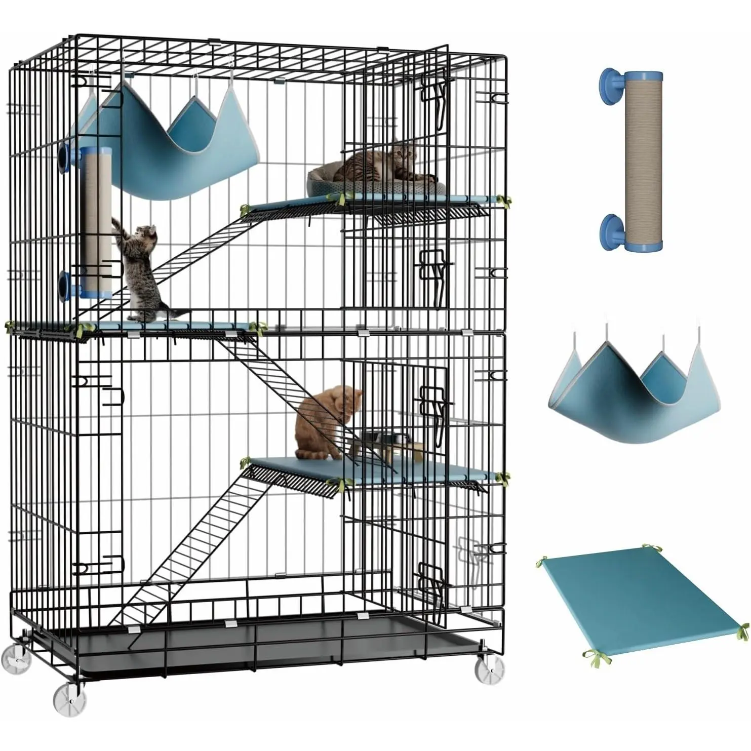 4-Tier Cat Cage Indoor: Large Cat Enclosure Pet Playpen Detachable Metal Wire Kennel Collapsible Crate with Scratching Post & Plush Pads & Hammock for Cats Kittens