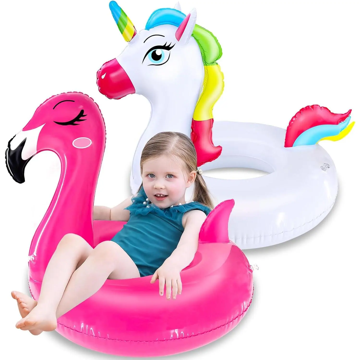 Inflatable Pool Floats Kids Swim Rings - 2-Pack Flamingo & Unicorn 24x24x23 in, Double Airbags PVC, 11in Inner Diameter, 0-110 lbs Load, Includes 2 Repair Patches for Pool Parties Beach