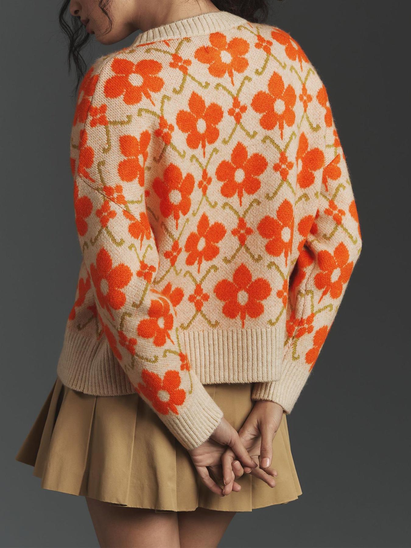 Vintage Floral Jacquard Knit Cardigan, Button Front Long Sleeve Sweater, Fitted Soft Comfortable Fall & Winter Fashion, Elegant Women's Outerwear Knitwear