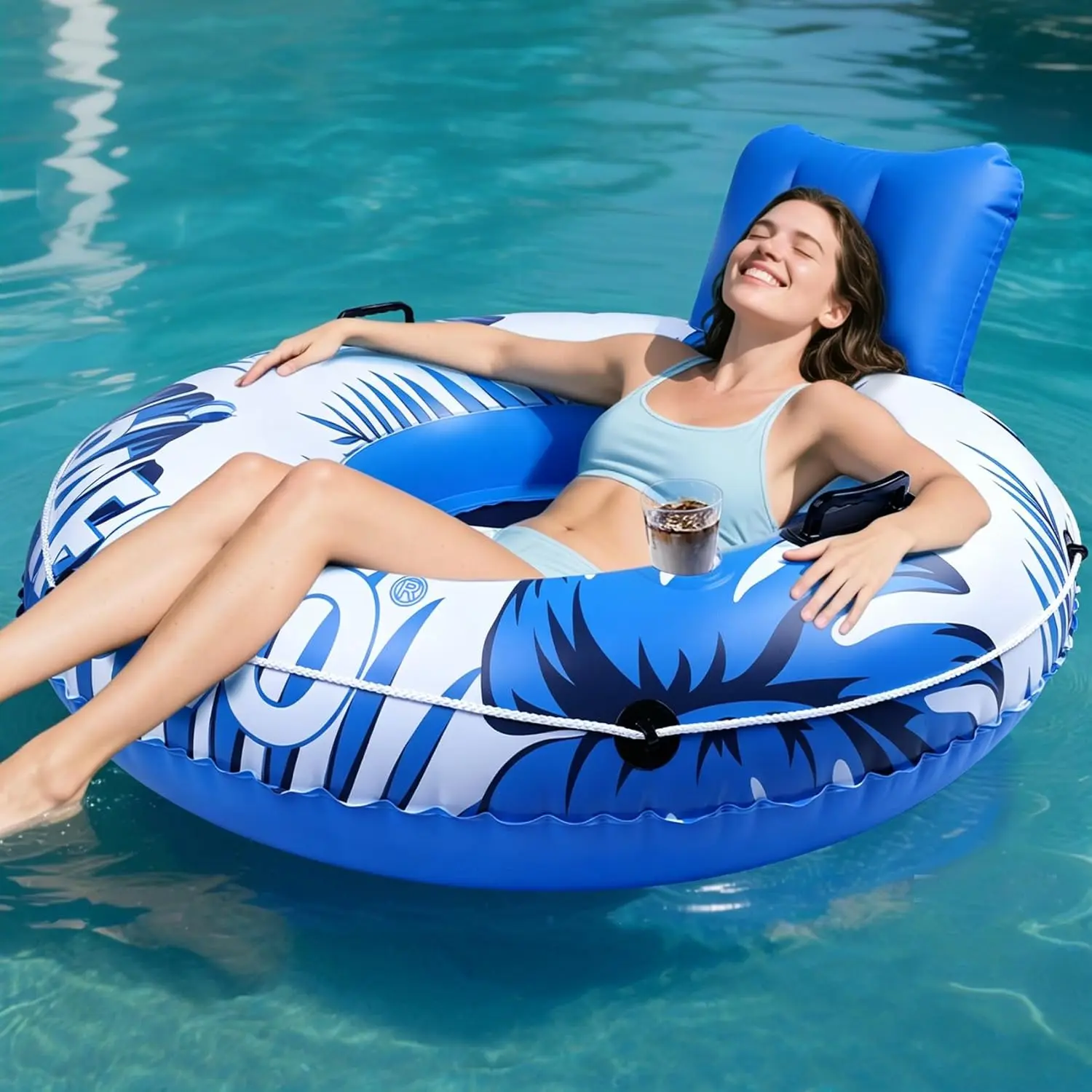 Inflatable River Tube Float, 53‘’Pool Float Adult, River Tubes for Floating Heavy Duty with Mesh Bottom, Water Tubes for Beach Lake Rafting, Comfortable Backrest & Cup Holders,450 lbs Weight Capacity