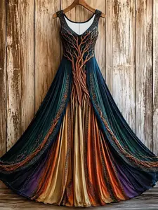 Women's Fashion Plus Size Elegant V-Neck Retro Viking Life Tree Celtic Knot Multicolor Print Art, Loose Knitted Versatile Sleeveless Dress