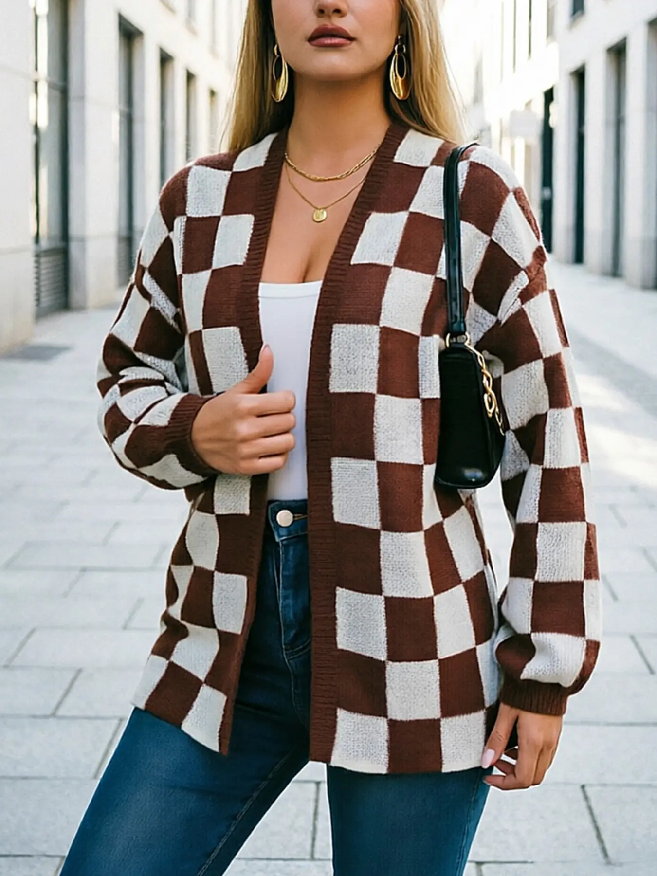 Women's Checkerboard Knit Cardigan | Loose & Lazy Style Long Sleeve Lantern Sleeve Colorblock Jacket, Versatile Autumn/Winter Layering Sweater