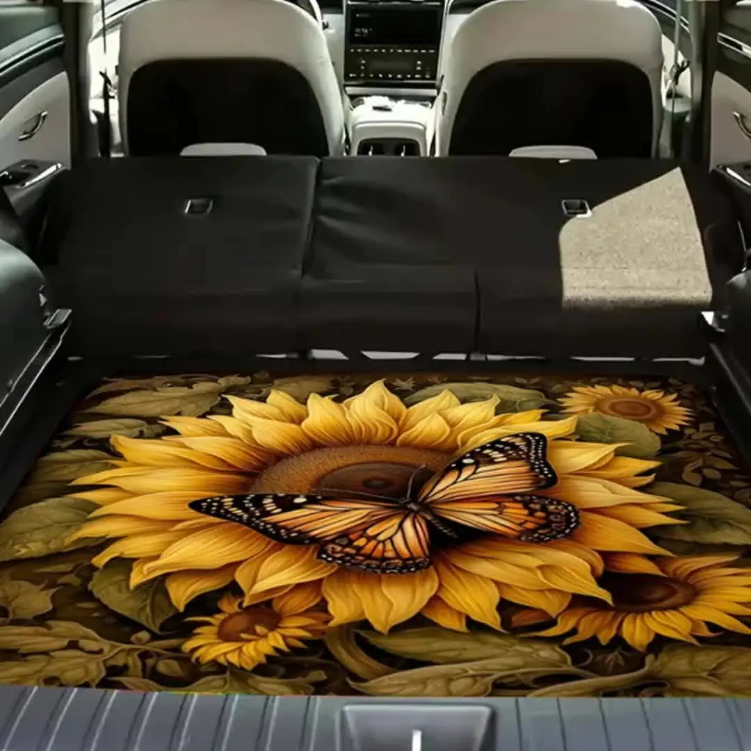 Sunflower Butterfly Print Car Trunk Mat - Soft Fabric Cargo Liner for Cars-SUVs, Durable, Non-Slip, Machine Washable, Stylish Natural Design Interior Mat