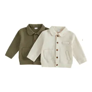 Toddler Baby Little Boy Waffle Fall Jacket Solid Color Button-up Long Sleeve Collared Coat with Pockets 6M-4T