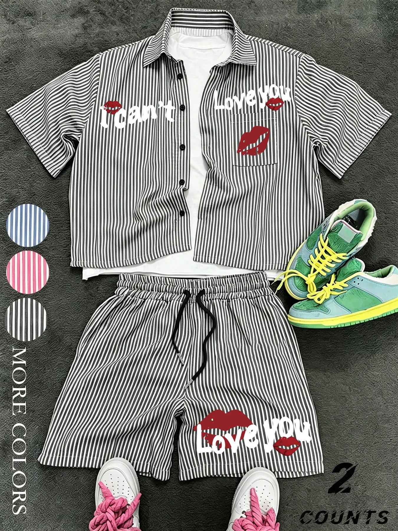 Men's and women's streetwear retro American-style striped short-sleeved shirt and shorts set Clothes, the shirt has a left chest pocket, the shorts feature an elastic waistband and side pockets, the design is loose-fitting, Oversize, Menswear