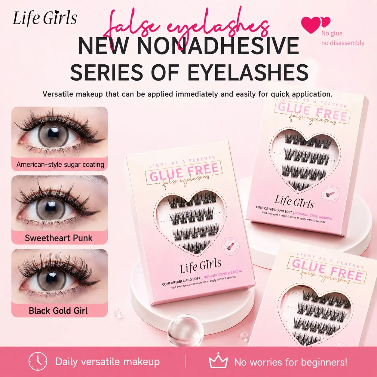 Self-Adhesive False Lashes, No Glue Needed, Natural Lightweight Reusable Strip Lashes, DIY Eyelash Extensions, Mixed Length C Curl