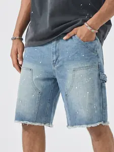 Men's Summer Washed Ink Splatter Distressed Denim Shorts, Casual Loose Fit Straight Leg Hip Hop Pocket Shorts, Streetwear