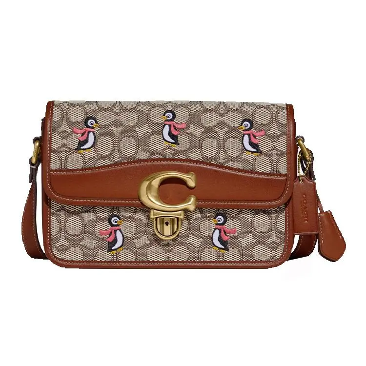 Coach Studio Penguin Embroidered Flap Logo Clasp Handbag for Women – Monogram Canvas with Saddle Leather