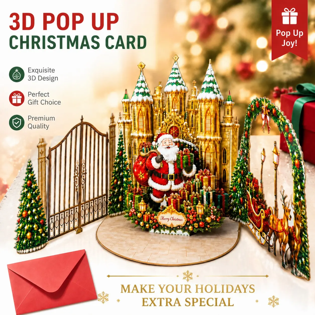 Elegant 3D Christmas Card, Snow Castle Santa Reindeer Scene Pop-Up Card, Envelope, Blank Inner Page, Holiday Gift, Desktop Decoration