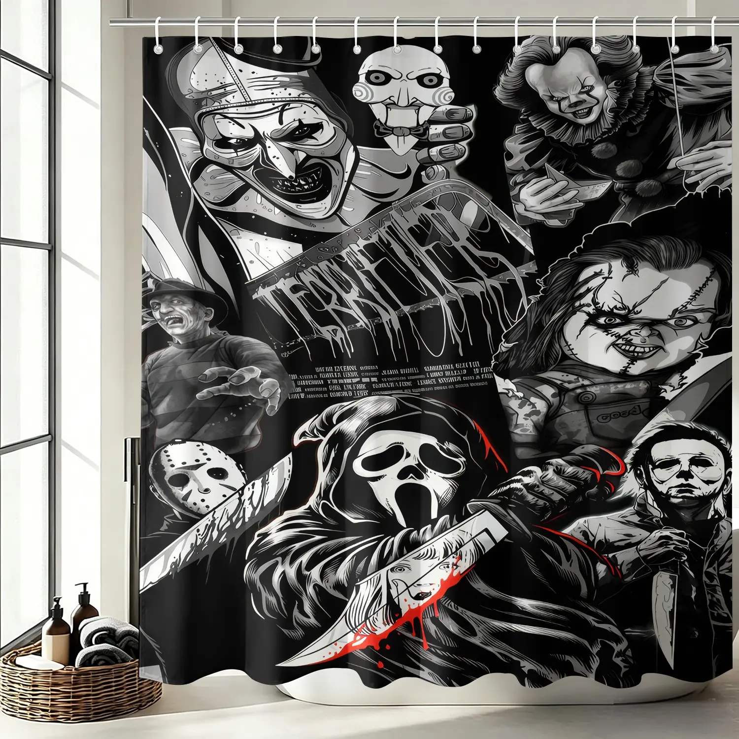 Horror Movie Characters Waterproof Gothic Shower Curtain, Classic Slasher Villains Black White Blood Print Bath Curtain, Mold Resistant Quick Dry Bathroom Accessory Decor, Bathing Cover with 12 Plastic Hooks & Rustproof Metal Grommets 72x72 Inch