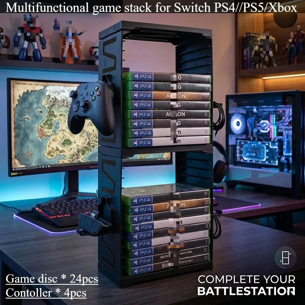 Multifunctional Game Controller Holder, Holds 24 Disc Slots, 4 Side Handle Hooks, Ideal for Gaming Accessories Storage