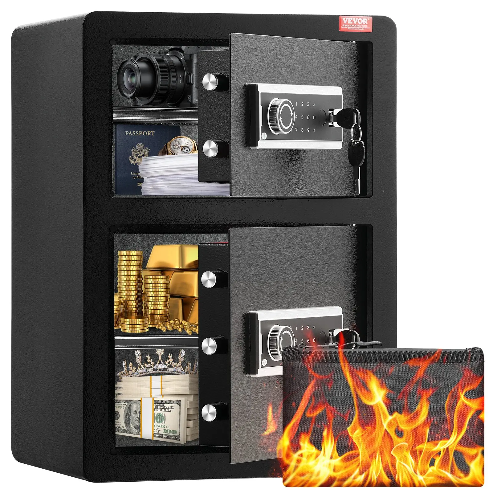 【Summerfinds】VEVOR Double Doors 3.5 cu. ft Safe Box with Key Lock Password, Safe Lock Box with Fireproof Bag, Key Rack, LED Light and 2 Height Adjustable and Removable Divider for Money, Documents, Jewelry and Valuables, Black