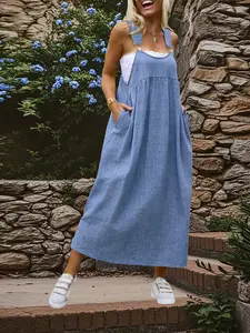 Women's Summer Plus Size Dress, Strapless Women's, Free Spirit Style, Sleeveless Long Dress, Loose Fit with Pockets