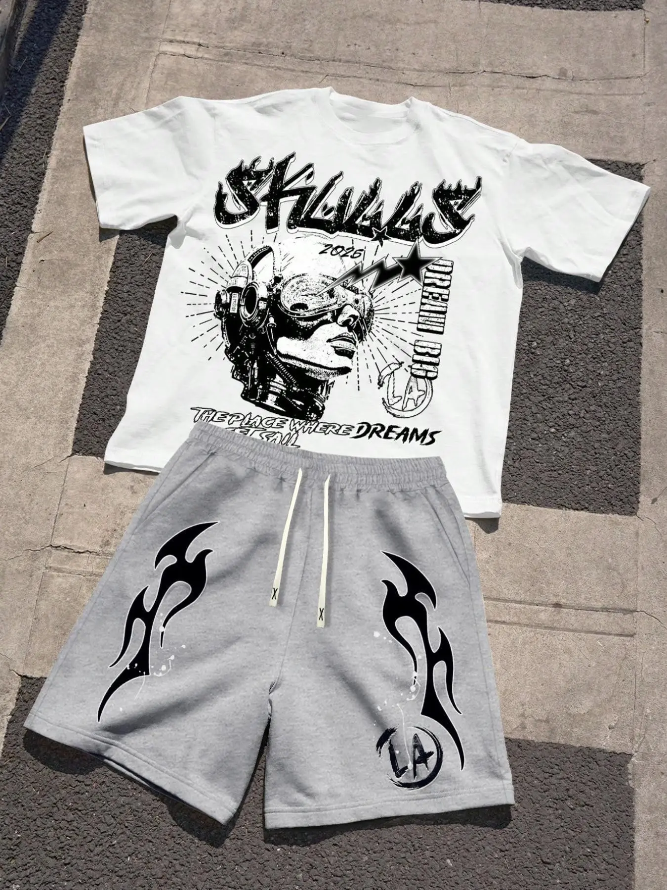 Men's Summer Set, Letter Pattern Print Round Neck T-Shirt + Outdoor Sport Casual Drawstring Shorts for Daily Wear