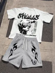 Men's Summer Set, Letter Pattern Print Round Neck T-Shirt + Outdoor Sport Casual Drawstring Shorts, Fashionable Daily Wear