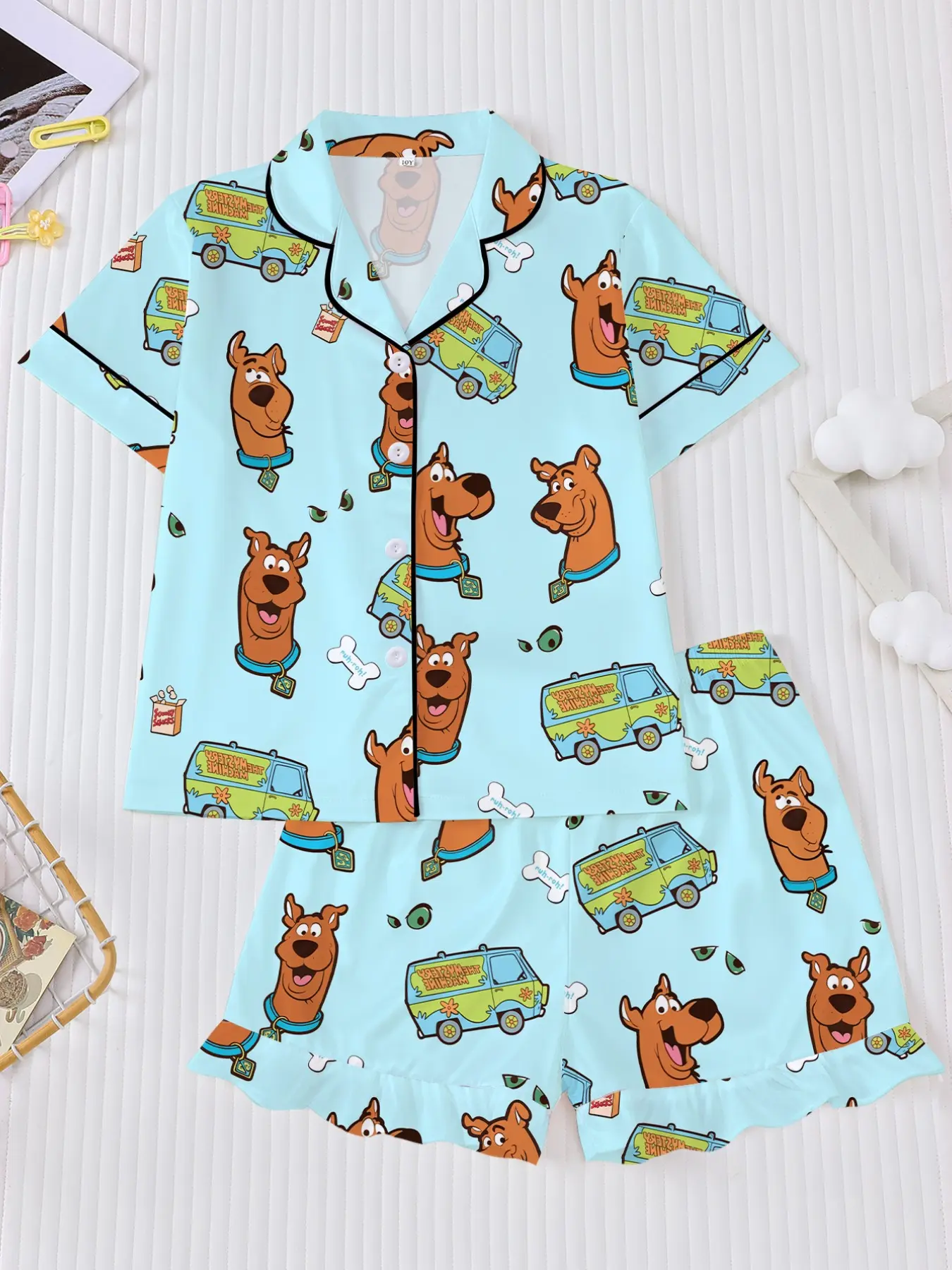 Kids Cartoon Pajama Set, Short Sleeve Fitted Sleepwear, Cute Blue Holiday Party, Comfortable Home Wear for All Seasons, Print Pajama Set, Cartoon Pattern Pajamas