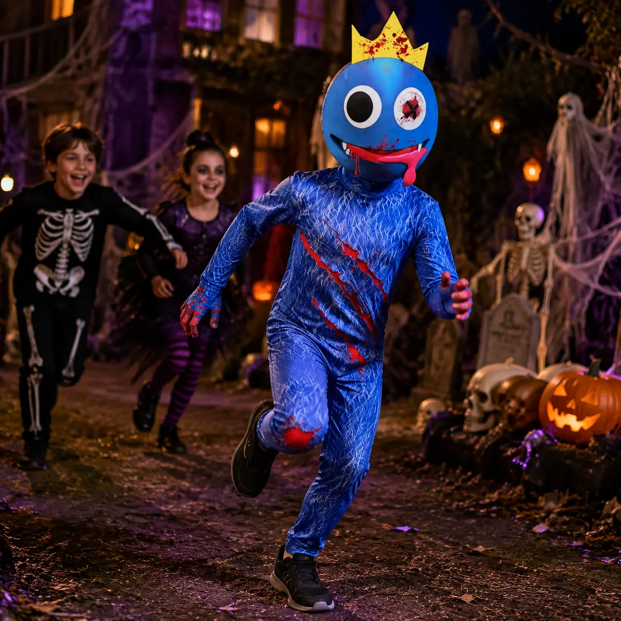 Kids' Halloween Roblox Rainbow Friends Blue Monster Cosplay Jumpsuit Onesie - Game Character Costume for Boys, Girls, Polyester, Cartoon Print, Machine Washable, Halloween Costume