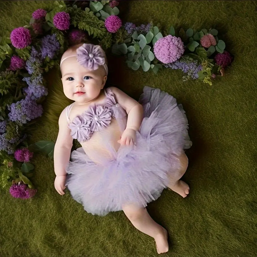 Infant Newborn Baby Tutu Skirt Headband Set Chiffon Flower Hairband Infant Toddler Lace Band Photography Prop