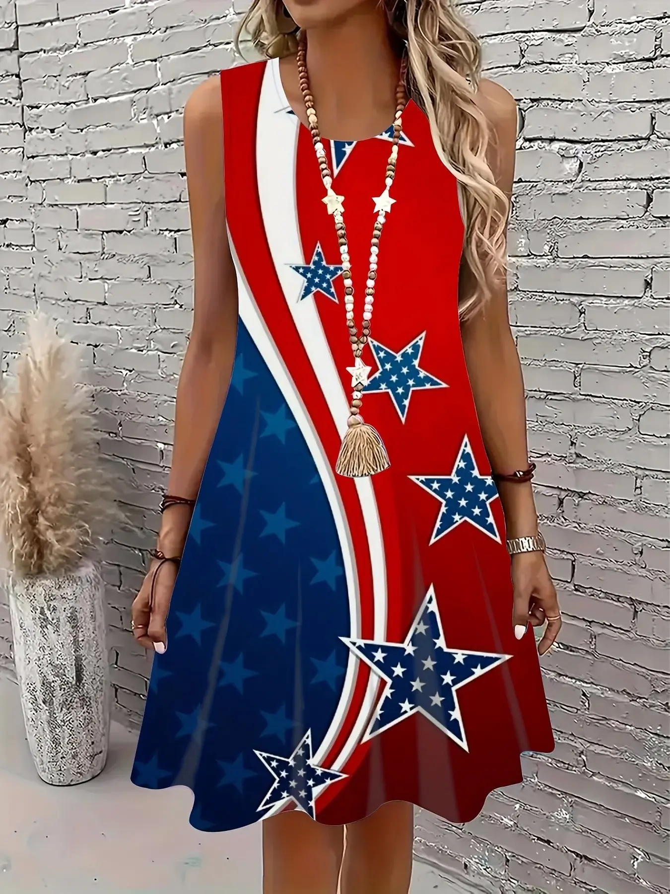 Independence Day Celebration Sleeveless A-line Elegant Summer Dress with Star Stripe and Five Star Print, Versatile Casual Wear Women's Clothing for Multiple Scenarios