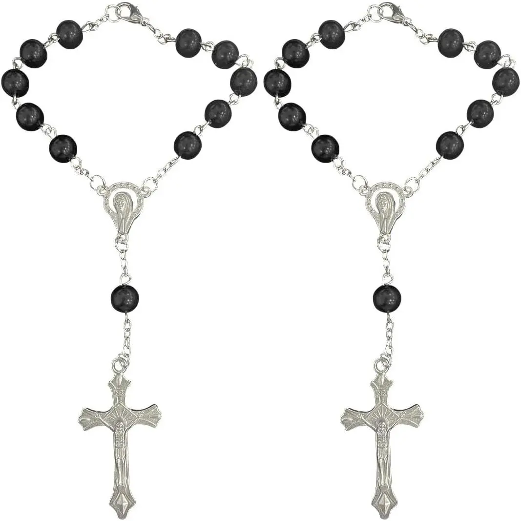 Women's Black Rosary Rearview Mirror Charm Set - 7.08in Alloy Chain, Synthetic Decorative Car/Motorcycle Interior Ornament, Personalized Auto Accessory