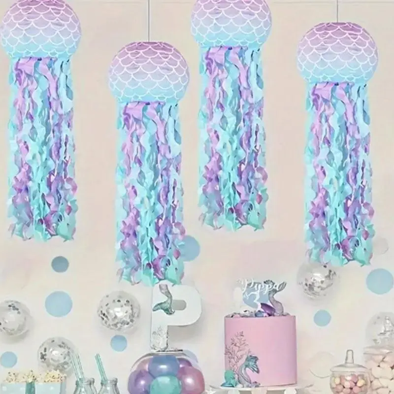 4PCS  Mermaid Jellyfish Paper Lanterns - Underwater Party Decorations, Hanging Mermaid Themed Lanterns with Rainbow Streamers, Ideal for Ocean-themed Birthdays, Baby Showers and Beach Party Supplies