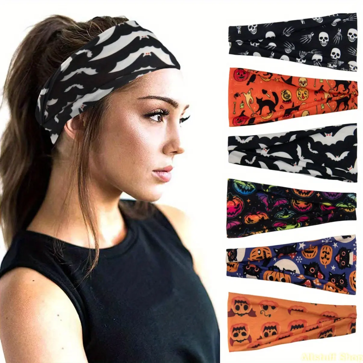 7pcs Halloween Skull Print Headbands - Stretchy Party Wear Fabric, Non-Slip Sports Hair Accessories for Costume Use, TikTok Shop Back to School