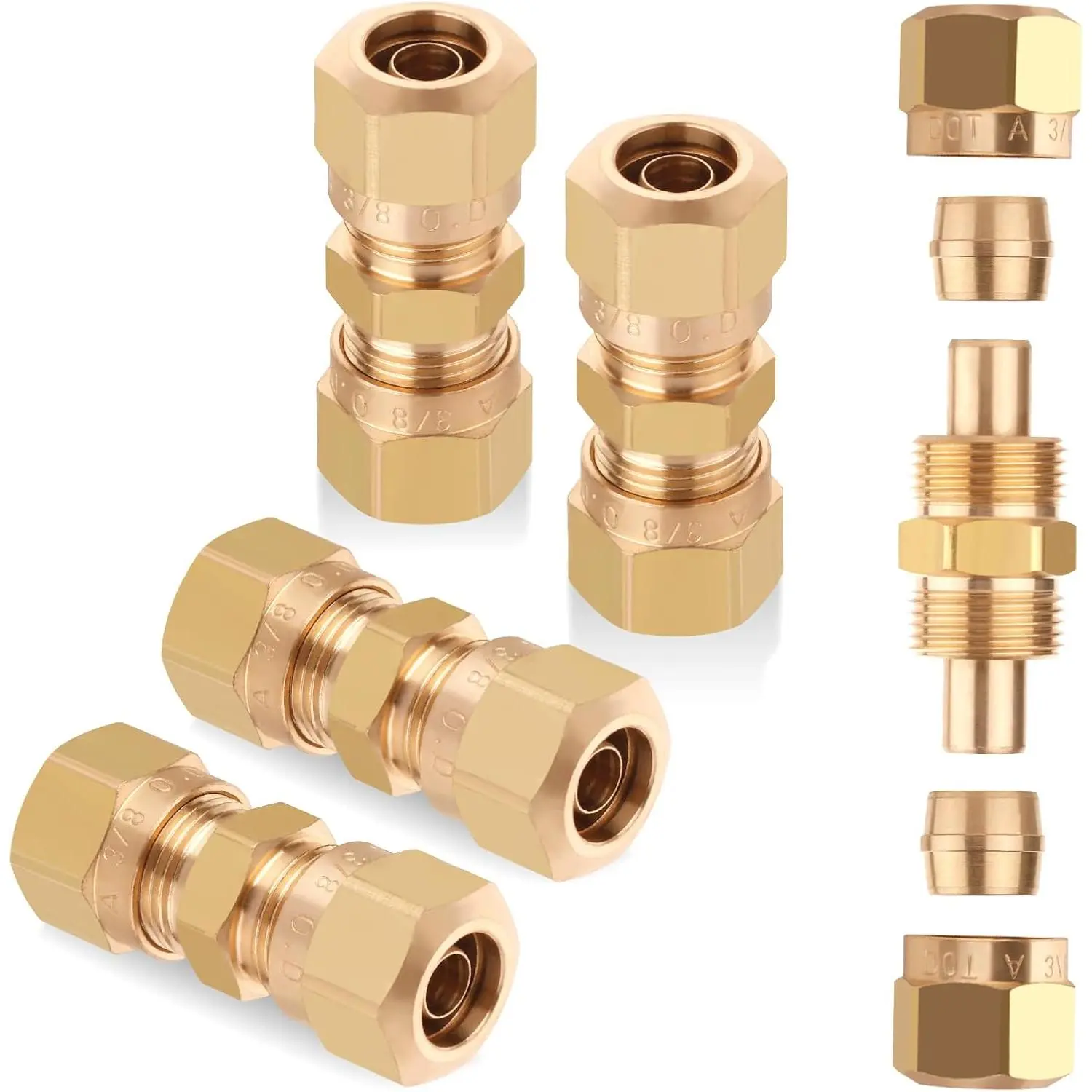 D.O.T Brass Compression Straight Union Fittings, 3/8" Air Compression Union for Nylon Tubings (Pack 4)
