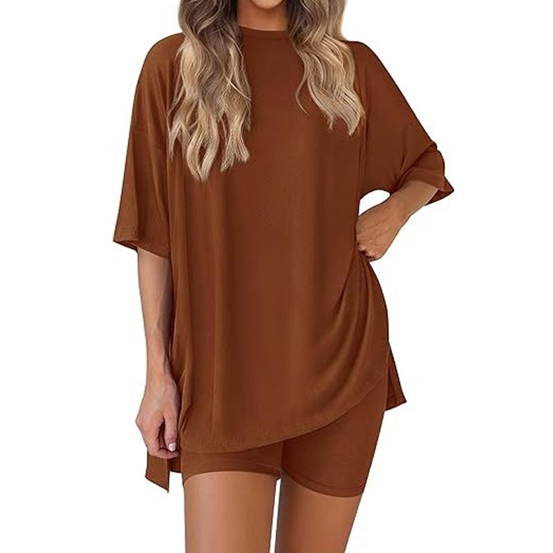Women's Summer Casual Solid Color Crew Neck Slit Loose Short Sleeve Top with Pocket, Shorts Set Comfy Loungewear for Home Women's Summer Casual Solid Color Crew Neck Slit Loose Short Sleeve Top with Pocket, Shorts Set Comfy Loungewear for Home