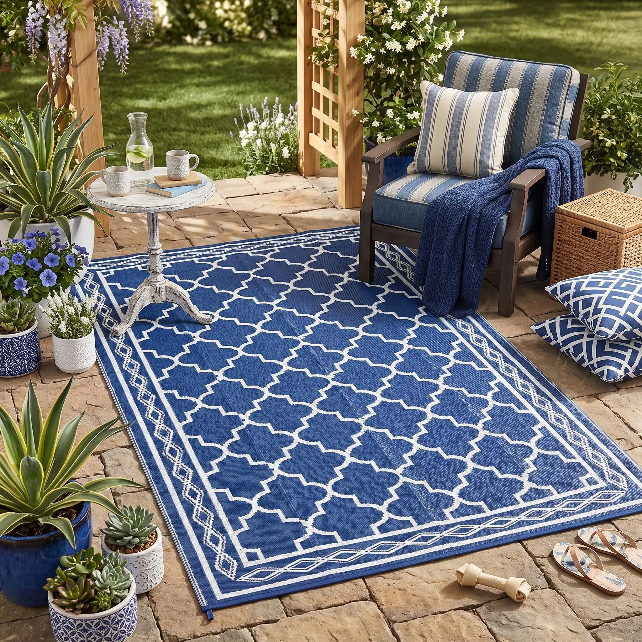 Modern Polypropylene Flat Weave PP Woven Geometric Outdoor Patio Rug - Waterproof, UV-Resistant, Foldable Camping Mat with 4 Rug Stakes, Carry Bag, Stain-Proof Plastic Straw Backing for Patio/Balcony Outdoor Areas, Trellis Grid