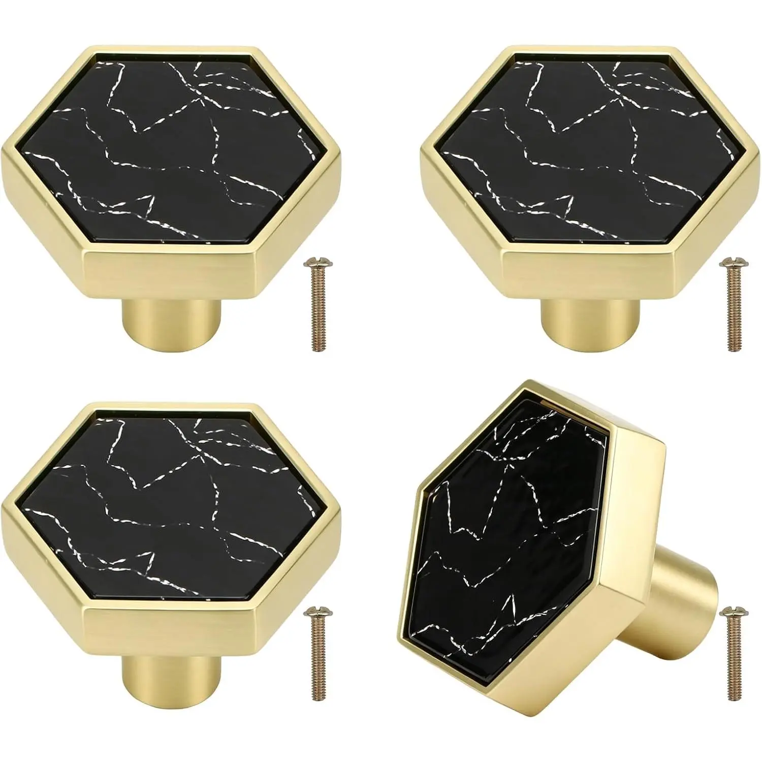 4 count Hexagon Marble Cabinet Knobs Zinc Alloy Drawer Pulls (Black) | Modern Single Hole Knobs, Resistant to Rust, Wear-Resistant, Easy to Install with Screws, For Kitchen Bathroom Dresser