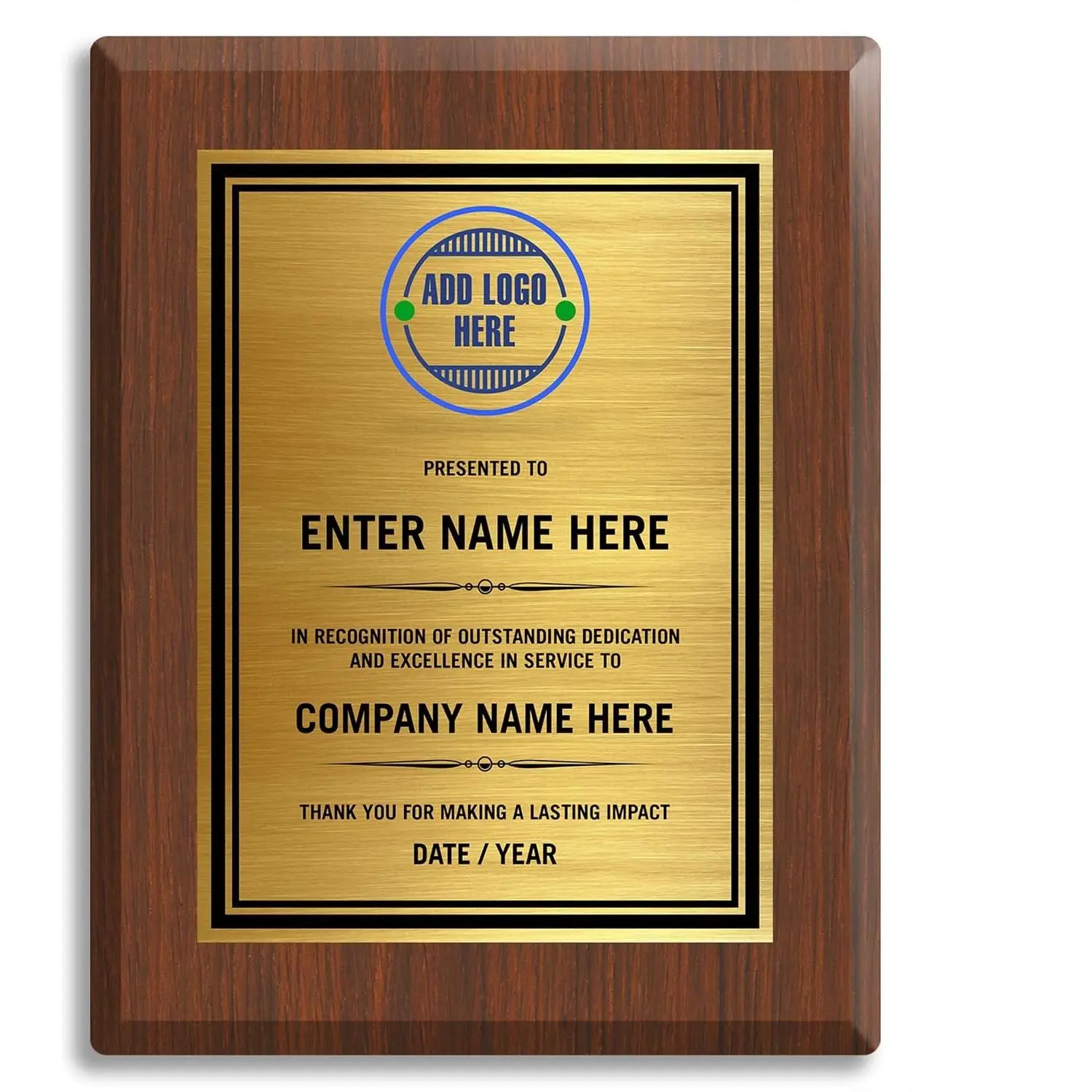 Award Plaque - Customizable Solid Wood Grain 5x7 Sign, Personalization for Recognition Events, Walnut Frame with Addable Photo, Logo & Text